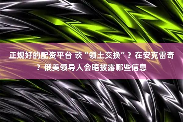 正规好的配资平台 谈“领土交换”？在安克雷奇？俄美领导人会晤披露哪些信息